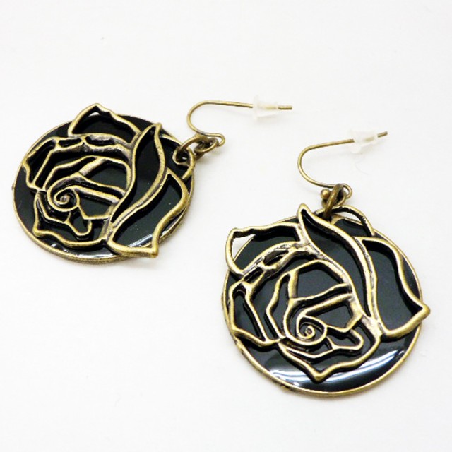 激安 ピアス アンティーク 調 黒薔薇 ローズ 花と小鳥 ヴィンテージアクセサリー レトロモダン 60年代